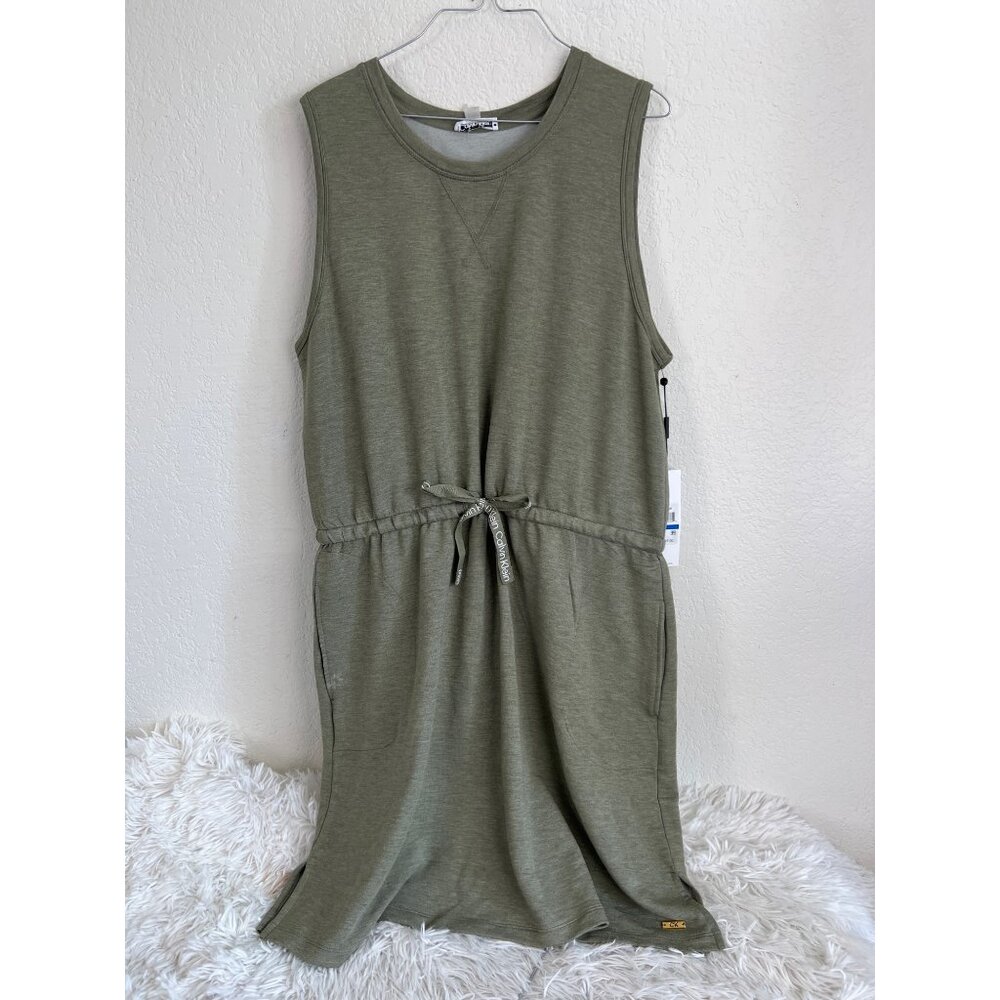 Calvin Klein Khaki Green Sleeveless Dress Drawstring Waist Pockets NEW XL
